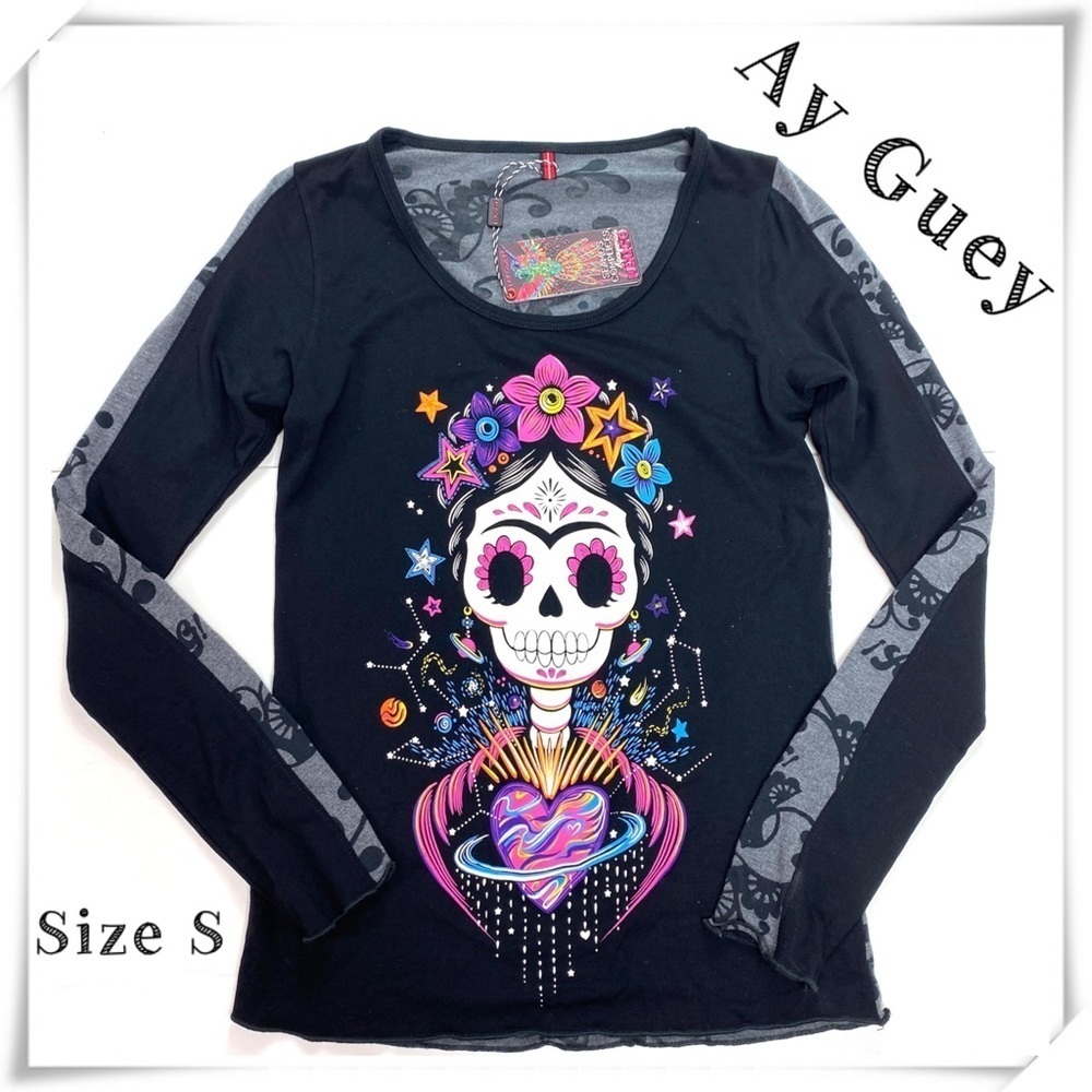AY Guey Mexicans Skull Print Sheer Long-sleeve Shirt Black Size S New with Tags